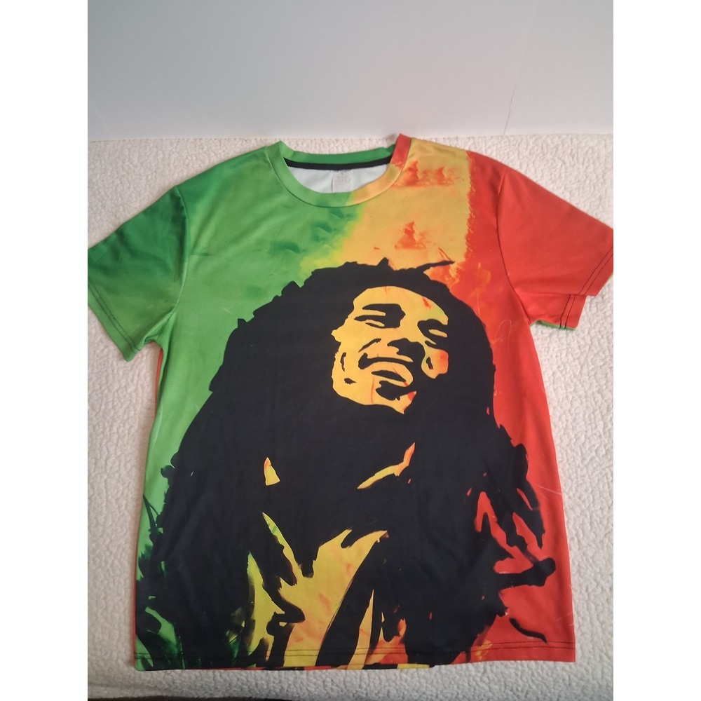 Bob Marley Rasta Graphic T-Shirt Mens Large Green Yellow Red AOP Colorblock Tee - Picture 1 of 7